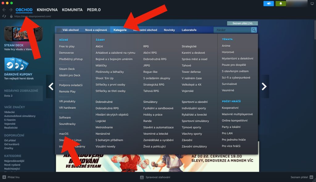 Steam filtrování macOS her