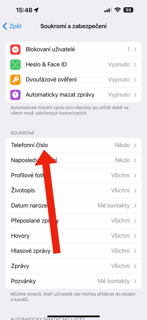 Telegram skrytí čísla